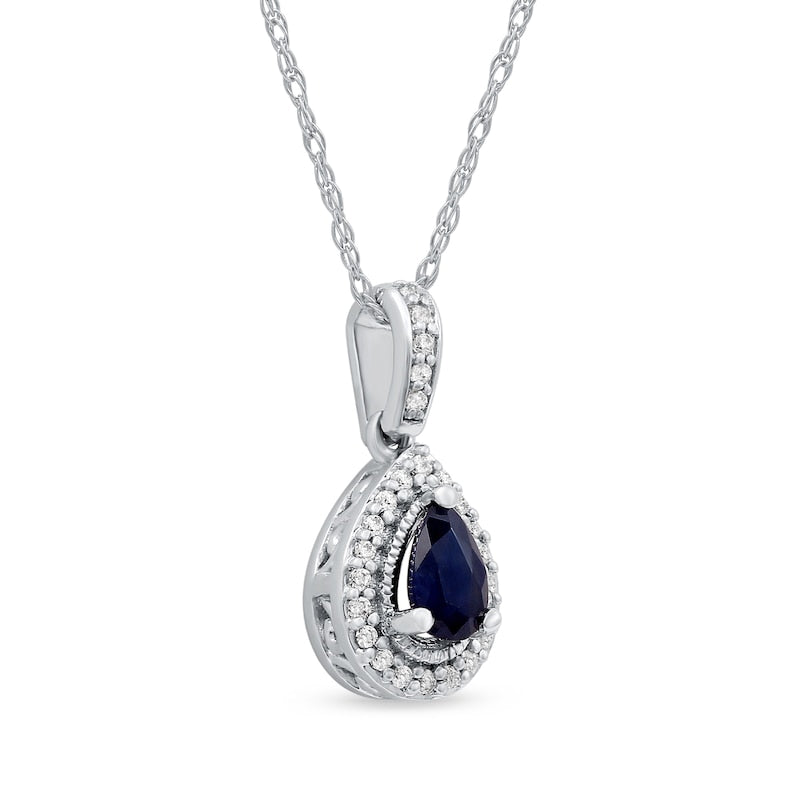 Pear-Shaped Blue Sapphire and 0.05 CT. T.W. Natural Diamond Frame Antique Vintage-Style Drop Pendant in 10K White Gold