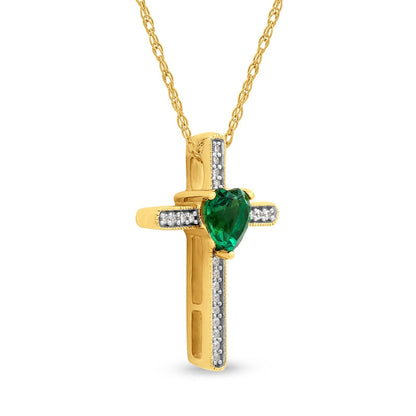 5.0mm Heart-Shaped Emerald and 0.05 CT. T.W. Natural Diamond Antique Vintage-Style Cross Pendant in 10K Yellow Gold
