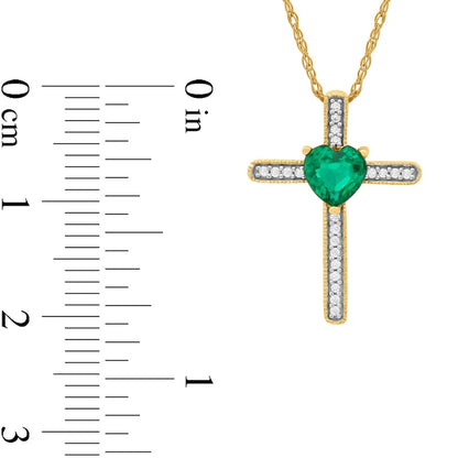 5.0mm Heart-Shaped Emerald and 0.05 CT. T.W. Natural Diamond Antique Vintage-Style Cross Pendant in 10K Yellow Gold