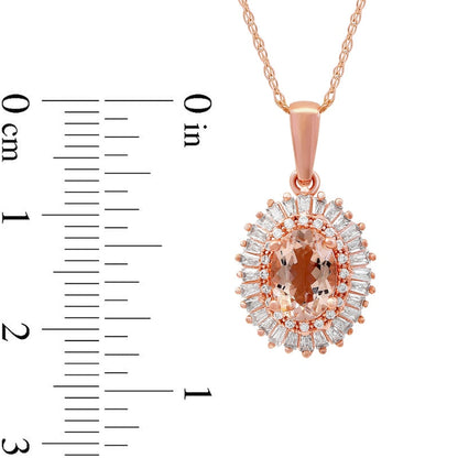 Oval Morganite and 0.25 CT. T.W. Natural Diamond Starburst Double Frame Pendant in 10K Rose Gold