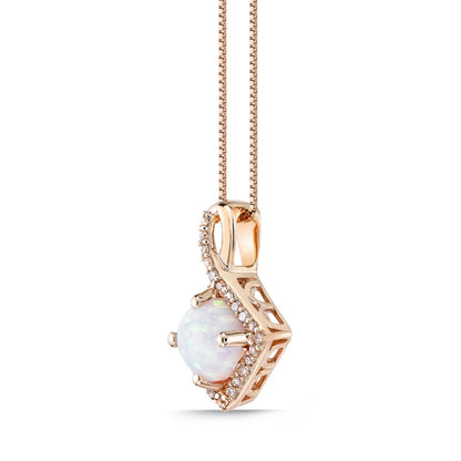 6.0mm Cushion-Cut Lab-Created Opal and 0.17 CT. T.W. Diamond Frame Tilted Twist Pendant in 10K Rose Gold