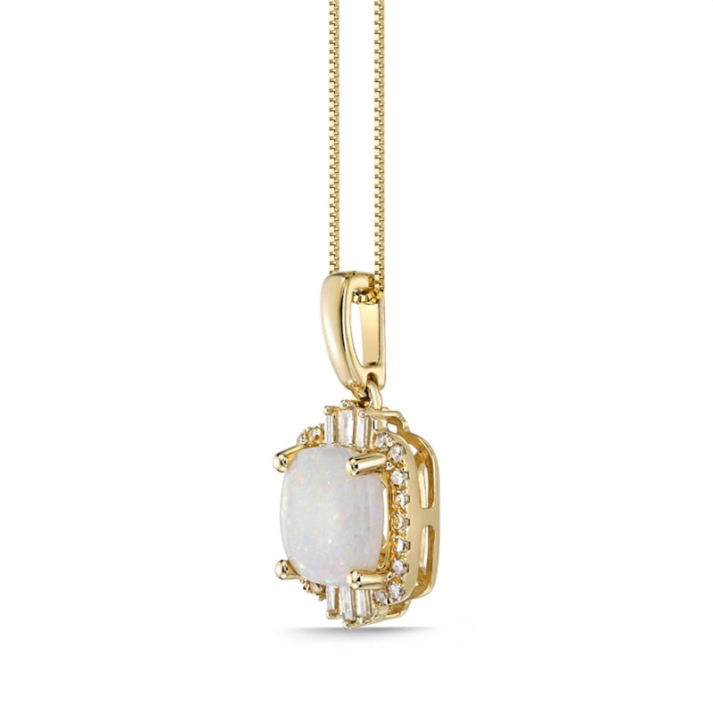 8.0mm Cushion-Cut Opal and 0.25 CT. T.W. Natural Diamond Ornate Frame Pendant in 10K Yellow Gold