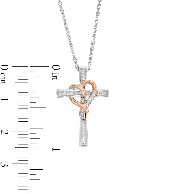 0.07 CT. T.W. Natural Diamond Cross with Ribbon Heart Overlay Pendant in Sterling Silver and 10K Rose Gold