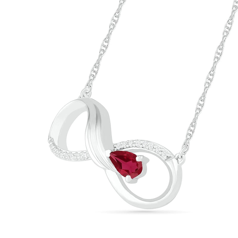 Pear-Shaped Lab-Created Ruby and 0.05 CT. T.W. Diamond Winged Infinity Necklace in Sterling Silver