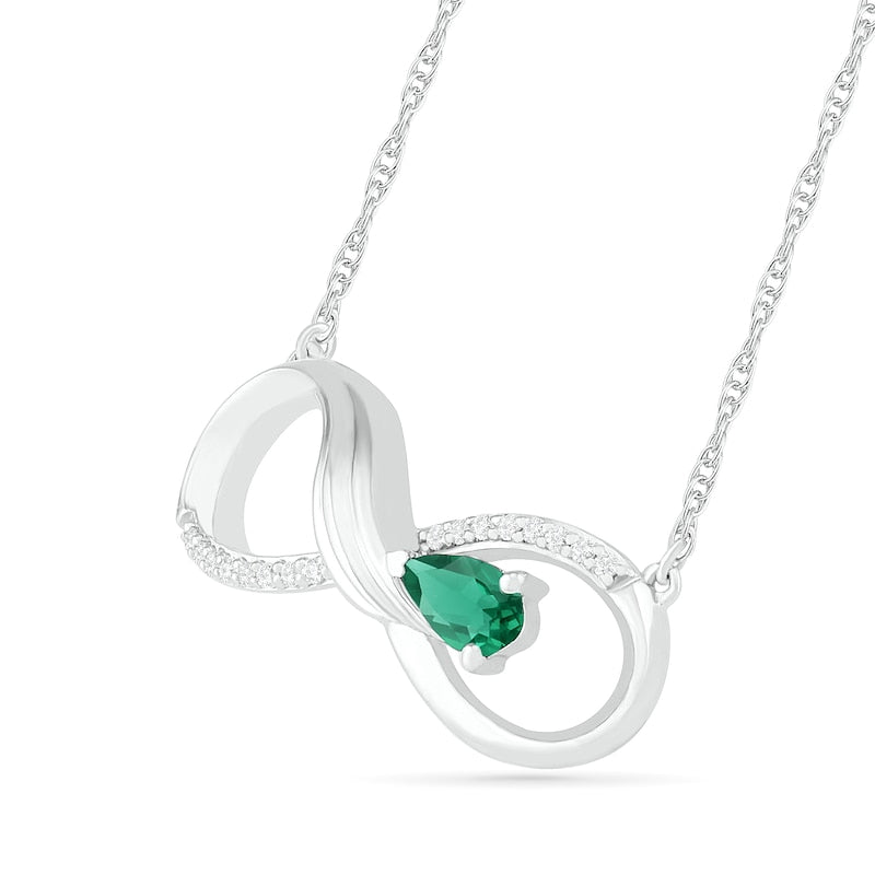 Pear-Shaped Lab-Created Emerald and 0.05 CT. T.W. Diamond Winged Infinity Necklace in Sterling Silver