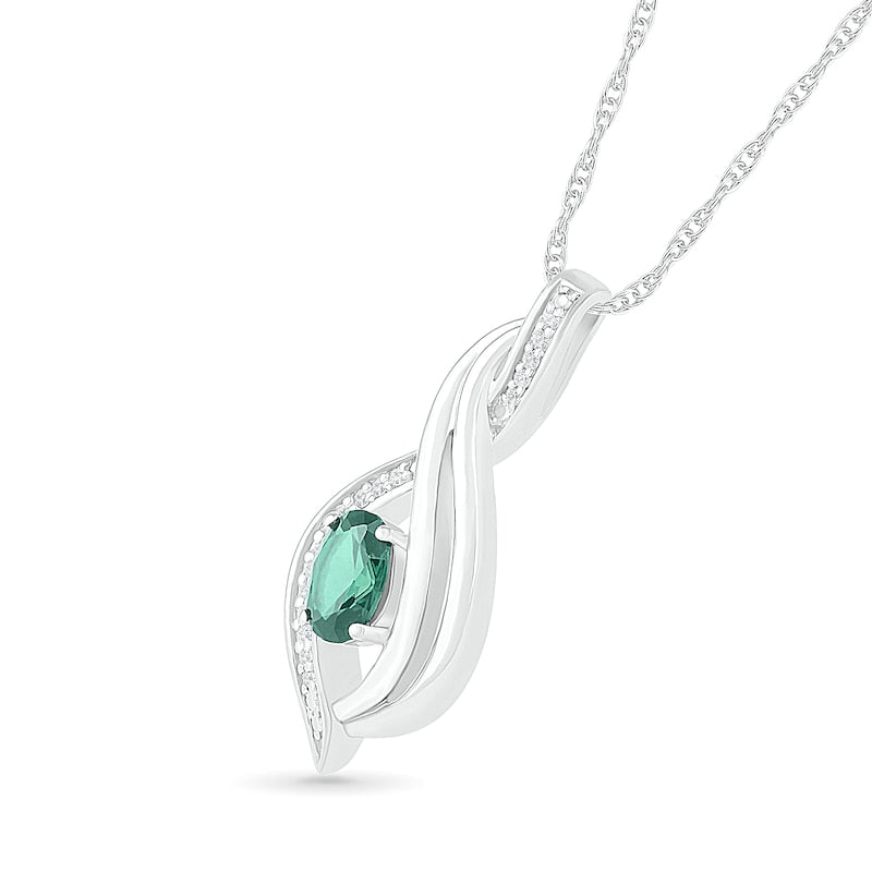 Oval Lab-Created Emerald and 0.05 CT. T.W. Diamond Flame Drop Pendant in Sterling Silver