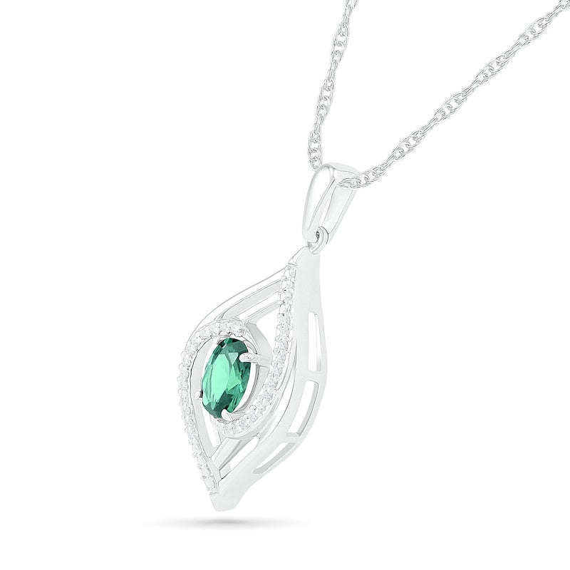 Oval Lab-Created Emerald and 0.07 CT. T.W. Diamond Bypass Flame Pendant in Sterling Silver