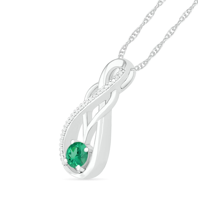 5.0mm Lab-Created Emerald and 0.05 CT. T.W. Diamond Braid Infinity Pendant in Sterling Silver