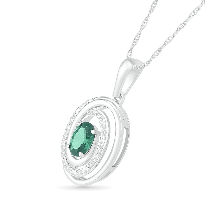 Oval Lab-Created Emerald and 0.07 CT. T.W. Diamond Beaded Open Swirl Frame Drop Pendant in Sterling Silver