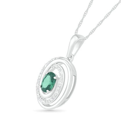 Oval Lab-Created Emerald and 0.07 CT. T.W. Diamond Beaded Open Swirl Frame Drop Pendant in Sterling Silver