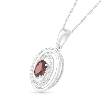 Oval Garnet and 0.07 CT. T.W. Natural Diamond Beaded Open Swirl Frame Drop Pendant in Sterling Silver
