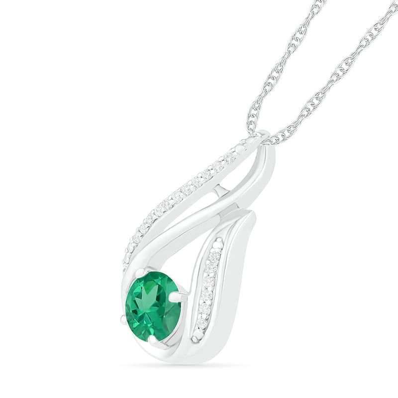 6.0mm Lab-Created Emerald and 0.07 CT. T.W. Diamond Beaded Open Flame Pendant in Sterling Silver