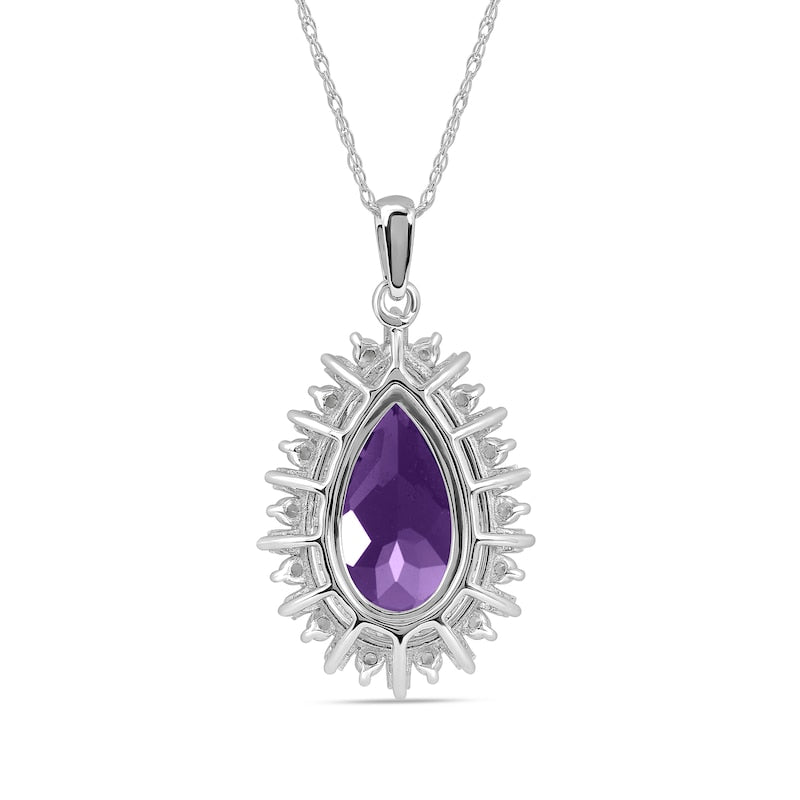 Pear-Shaped Amethyst and White Lab-Created Sapphire Double Shadow Frame Drop Pendant in Sterling Silver