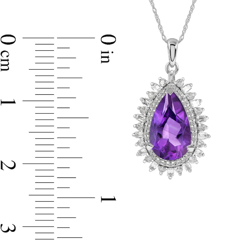 Pear-Shaped Amethyst and White Lab-Created Sapphire Double Shadow Frame Drop Pendant in Sterling Silver
