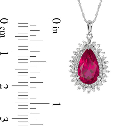 Pear-Shaped Lab-Created Ruby and White Sapphire Double Shadow Frame Drop Pendant in Sterling Silver