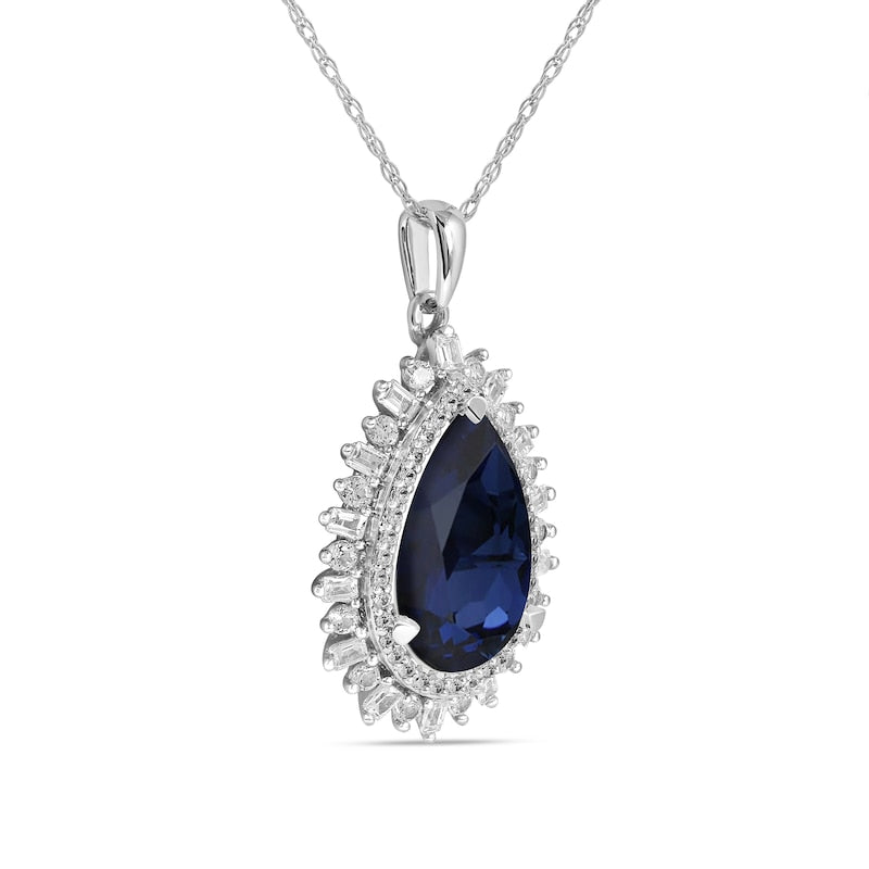 Pear-Shaped Blue and White Lab-Created Sapphire Double Shadow Frame Drop Pendant in Sterling Silver