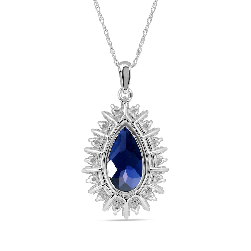 Pear-Shaped Blue and White Lab-Created Sapphire Double Shadow Frame Drop Pendant in Sterling Silver