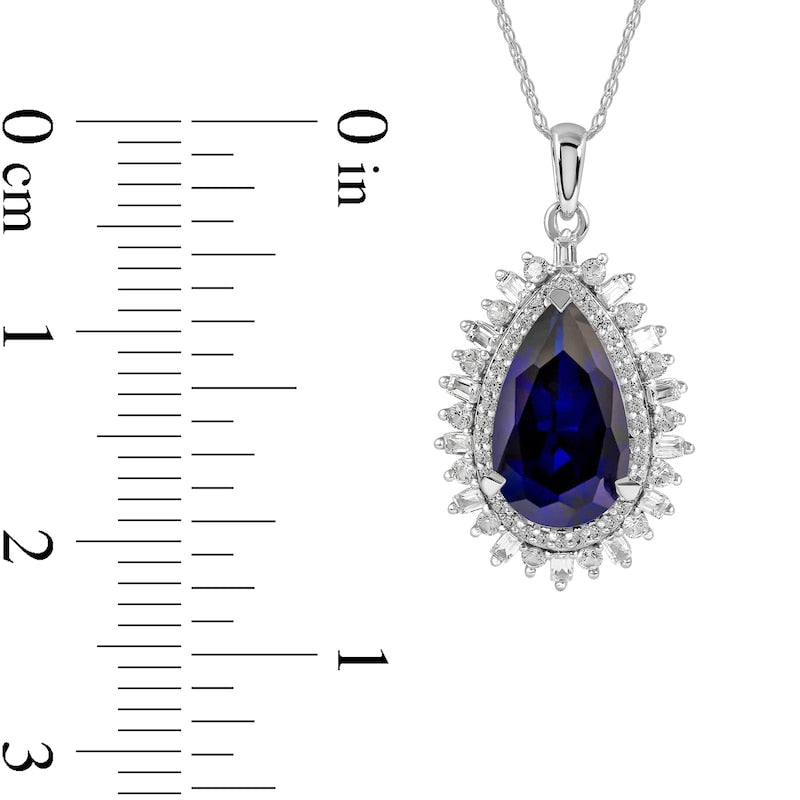 Pear-Shaped Blue and White Lab-Created Sapphire Double Shadow Frame Drop Pendant in Sterling Silver