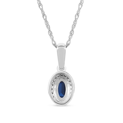 Oval Blue Sapphire and 0.05 CT. T.W. Natural Diamond Framed Antique Vintage-Style Drop Pendant in 10K White Gold