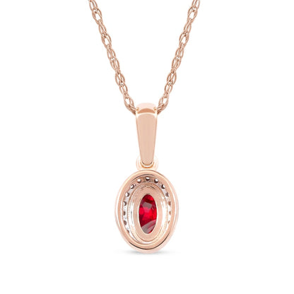 Oval Ruby and 0.05 CT. T.W. Natural Diamond Framed Antique Vintage-Style Drop Pendant in 10K Rose Gold