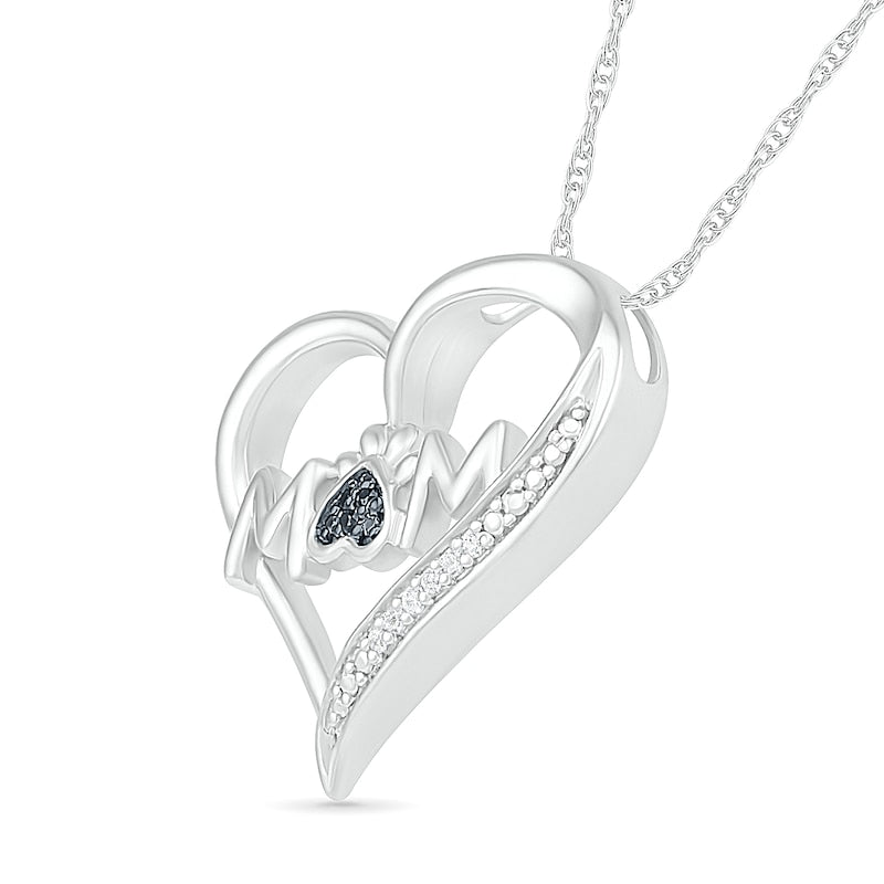0.05 CT. T.W. Black Enhanced and White Natural Diamond Tilted Heart MOM" Pendant in Sterling Silver"