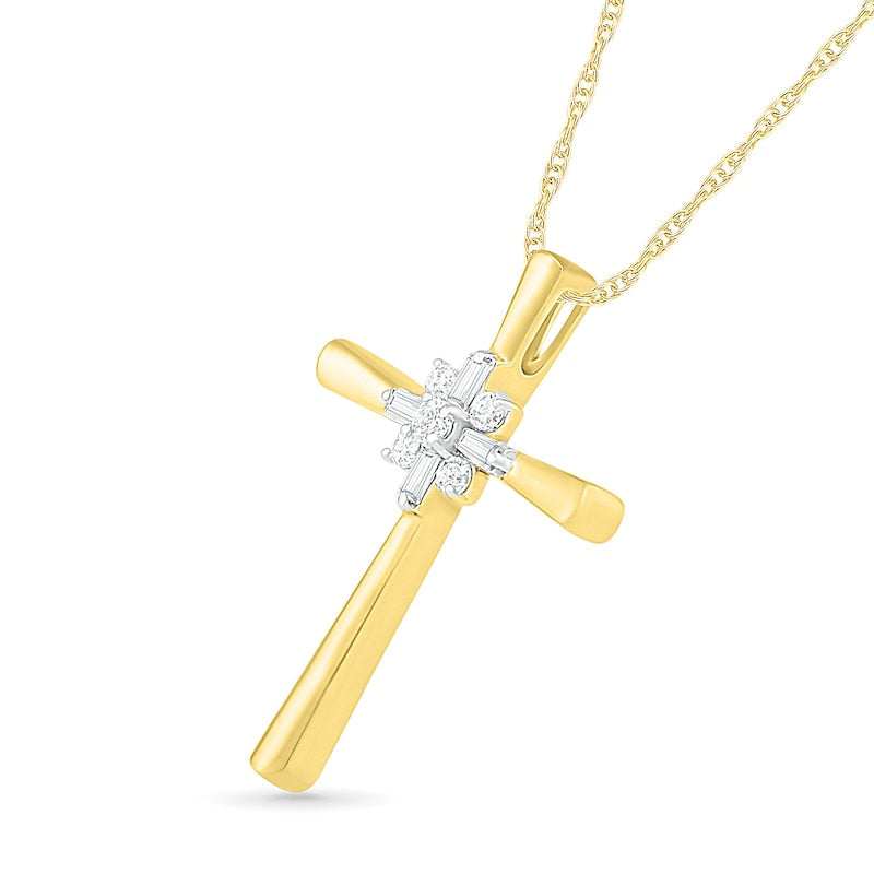 0.1 CT. T.W. Baguette and Round Natural Diamond Cross Sunburst Pendant in 10K Yellow Gold