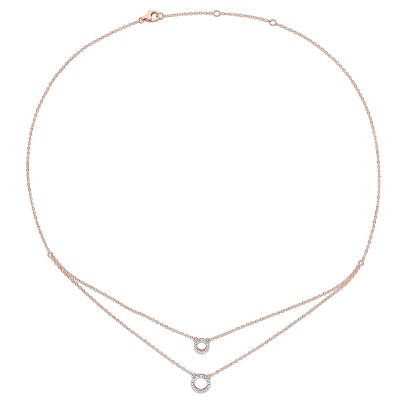 0.05 CT. T.W. Natural Diamond Double Strand Layered Circle Necklace in Sterling Silver with Rose Rhodium Plate - 19"