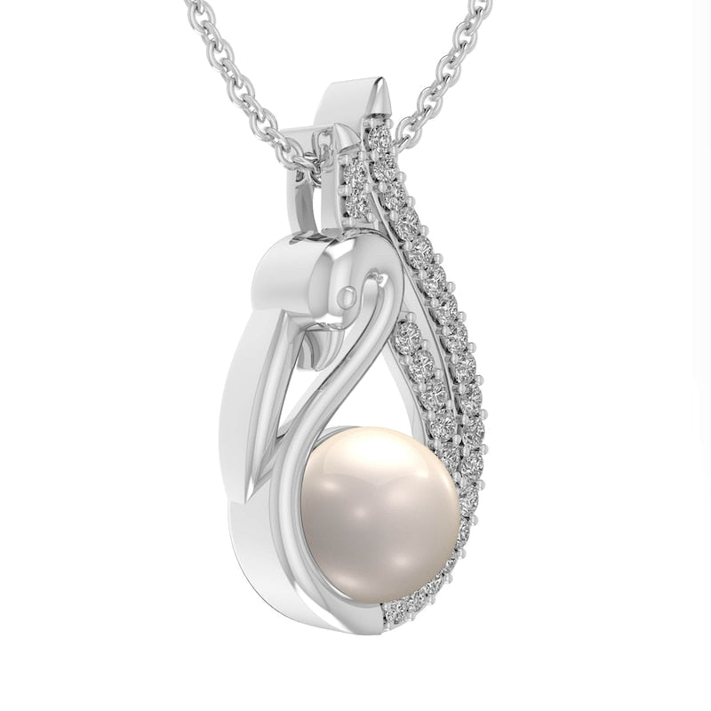 7.0mm Cultured Freshwater Pearl and Lab-Created White Sapphire Swan Drop Pendant in Sterling Silver