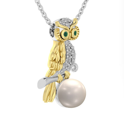 Cultured Freshwater Pearl, Lab-Created White Sapphire and Emerald Owl Pendant in Sterling Silver and 14K Gold Plate