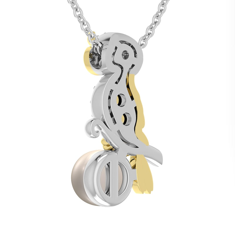 Cultured Freshwater Pearl, Lab-Created White Sapphire and Emerald Owl Pendant in Sterling Silver and 14K Gold Plate