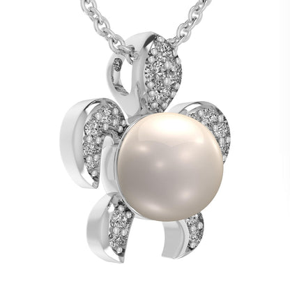 7.0mm Cultured Freshwater Pearl and 0.05 CT. T.W. Natural Diamond Sea Turtle Pendant in Sterling Silver