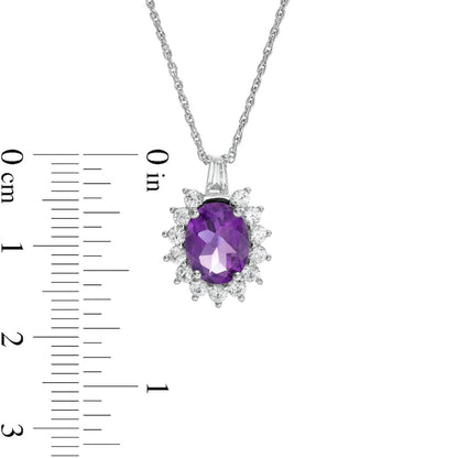 Oval Amethyst and White Lab-Created Sapphire Starburst Frame Pendant in Sterling Silver