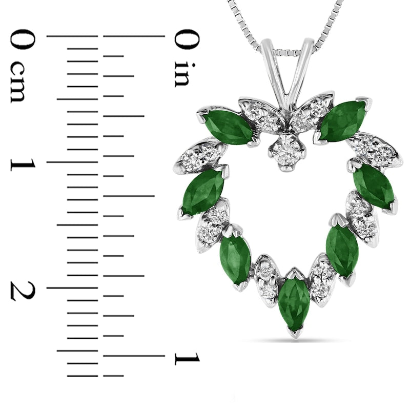 Marquise Emerald and 0.2 CT. T.W. Natural Diamond Leaf Alternating Wreath Heart Pendant in 14K White Gold