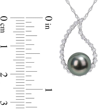 8.0-8.5mm Black Cultured Tahitian Pearl and White Sapphire Teardrop Pendant in 10K White Gold
