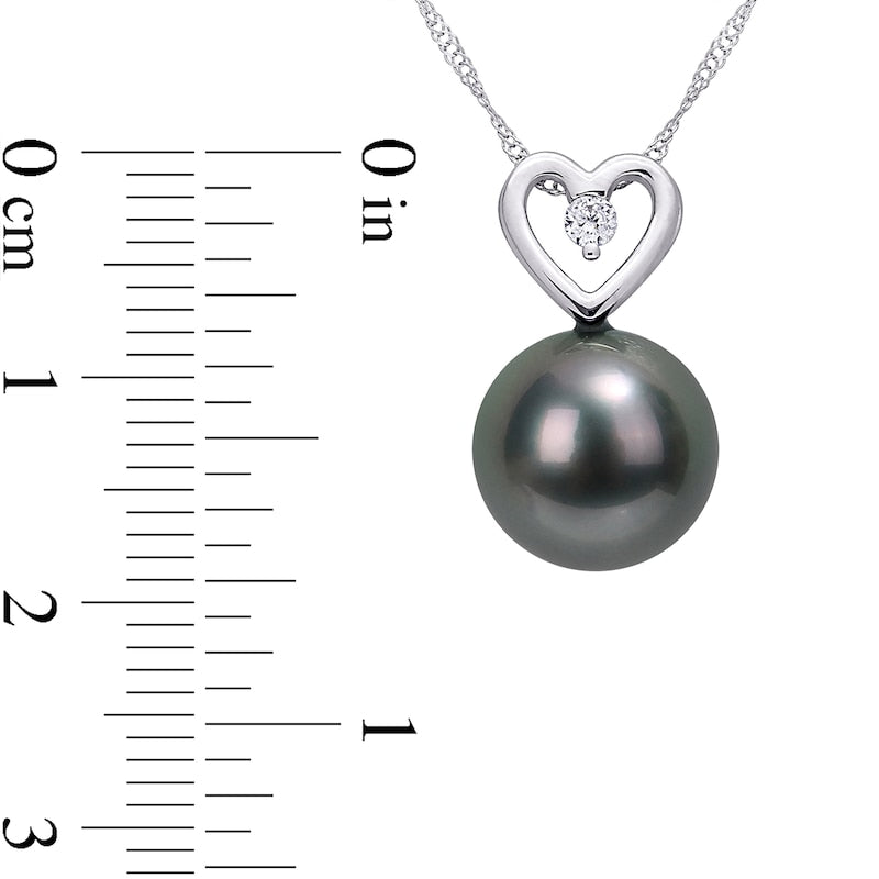 9.5-10.0mm Black Cultured Tahitian Pearl and 0.05 CT. T.W. Natural Diamond Heart Pendant in 10K White Gold