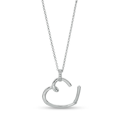 White Lab-Created Sapphire Tilted Loop Heart Drop Pendant in Sterling Silver - 20"