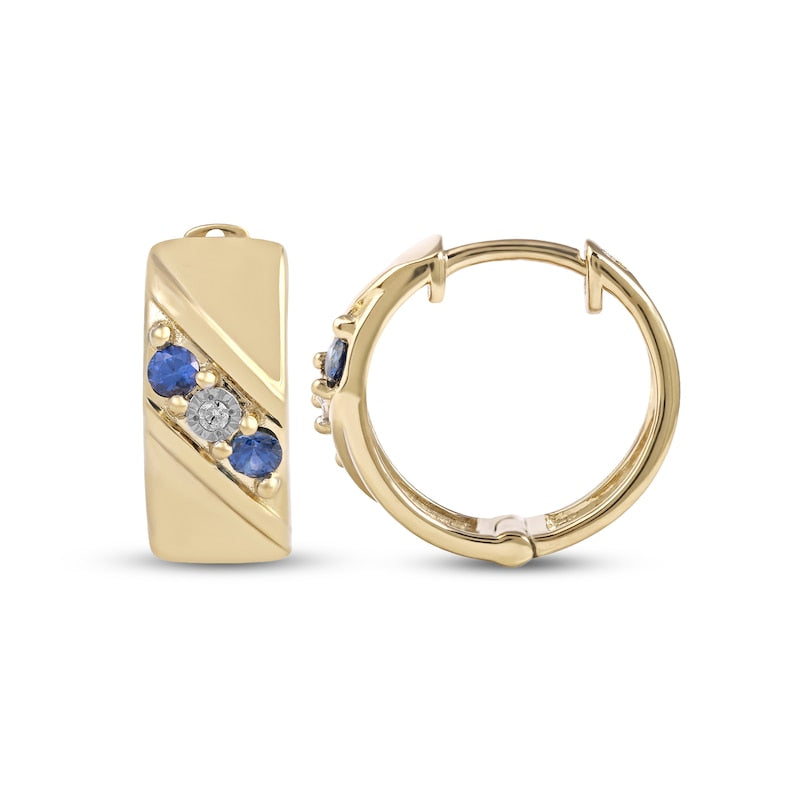 Men's Blue Sapphire and Diamond Accent Three Stone Slant Huggie Hoop Earrings in 10K Gold