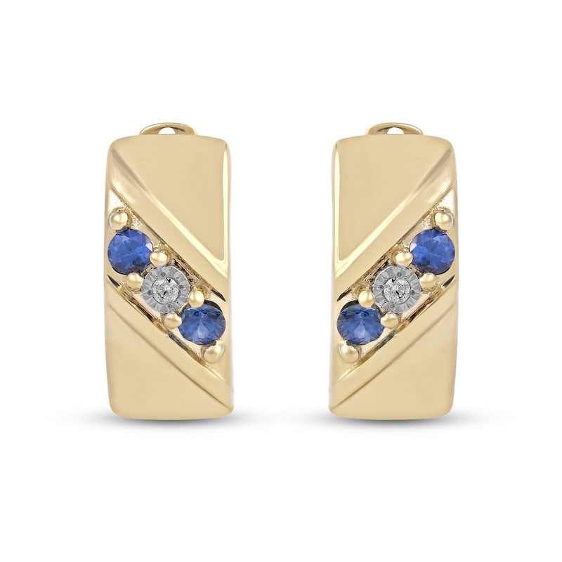 Men's Blue Sapphire and Diamond Accent Three Stone Slant Huggie Hoop Earrings in 10K Gold