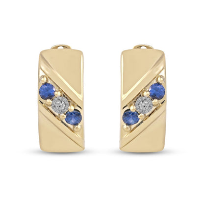 Men's Blue Sapphire and Diamond Accent Three Stone Slant Huggie Hoop Earrings in 10K Gold