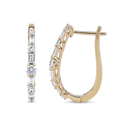 1 CT. T.W. Baguette and Round Diamond Alternating Oval Hoop Earrings in 10K Gold