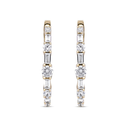 1 CT. T.W. Baguette and Round Diamond Alternating Oval Hoop Earrings in 10K Gold