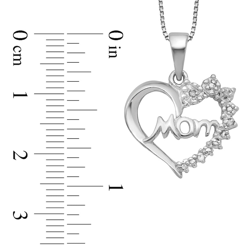 Natural Diamond Accent Beaded Flower Cluster Mom" Shadow Heart Pendant in Sterling Silver – 16""