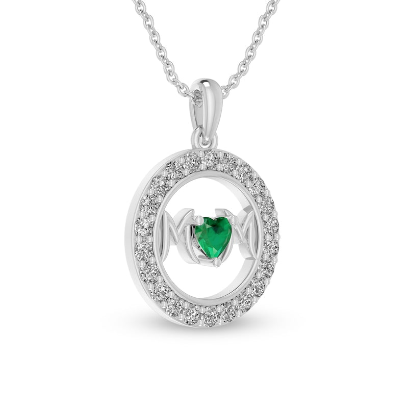 4.0mm Heart-Shaped Lab-Created Emerald and White Lab-Created Sapphire MOM" in Circle Pendant in Sterling Silver"
