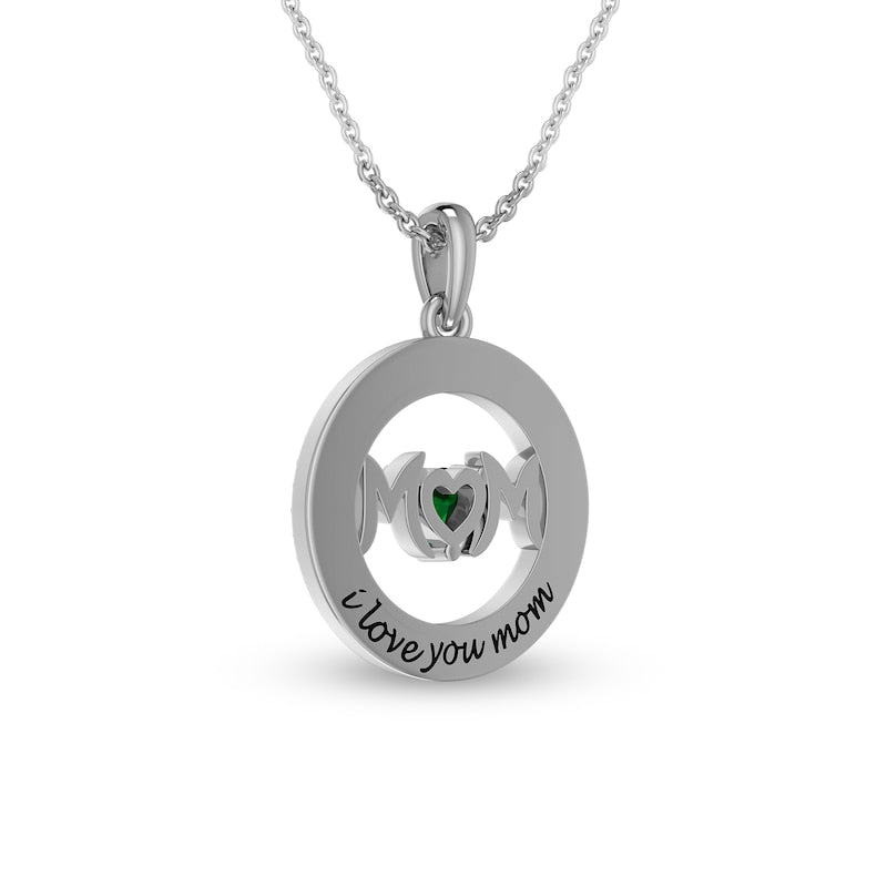 4.0mm Heart-Shaped Lab-Created Emerald and White Lab-Created Sapphire MOM" in Circle Pendant in Sterling Silver"