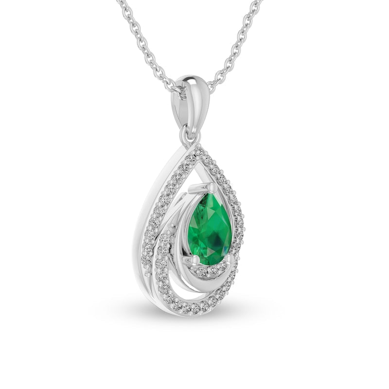Pear-Shaped Lab-Created Emerald and White Lab-Created Sapphire Swirl Frame Pendant in Sterling Silver