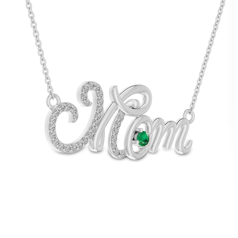 3.0mm Lab-Created Emerald and White Lab-Created Sapphire Cursive Mom" Pendant in Sterling Silver"
