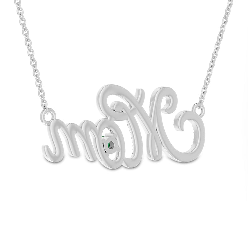 3.0mm Lab-Created Emerald and White Lab-Created Sapphire Cursive Mom" Pendant in Sterling Silver"