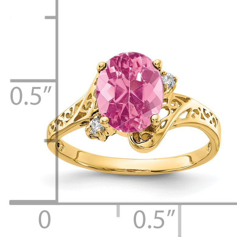 Solid 14k Yellow Gold 9x7mm Oval Simulated Pink Tourmaline A CZ Ring