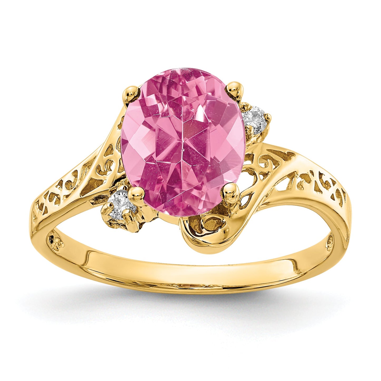 Solid 14k Yellow Gold 9x7mm Oval Simulated Pink Tourmaline A CZ Ring