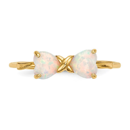 Solid 14k Yellow Gold Polished Created Simulated Opal Bow Ring